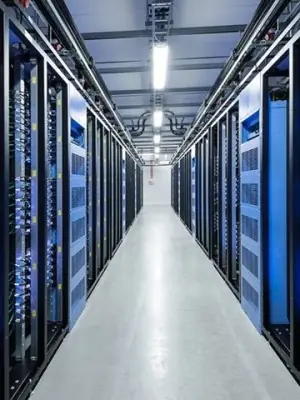 Data centre aisle between server racks